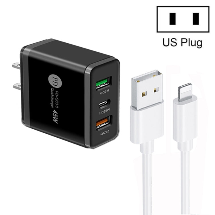45W PD25W + 2 x QC3.0 USB Multi Port Charger with USB to 8 Pin Cable, US Plug, US Plug + USB to 8 Pin Cable